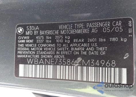 2006 BMW 530I z USA, uszkodzony, nr VIN WBANE73586CM34968